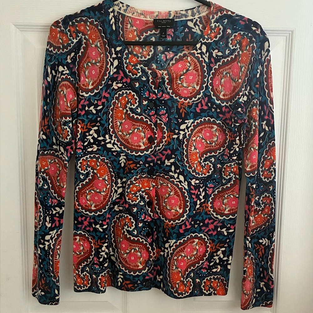 TALBOTS blue/orange/pink paisley patterned button cardigan